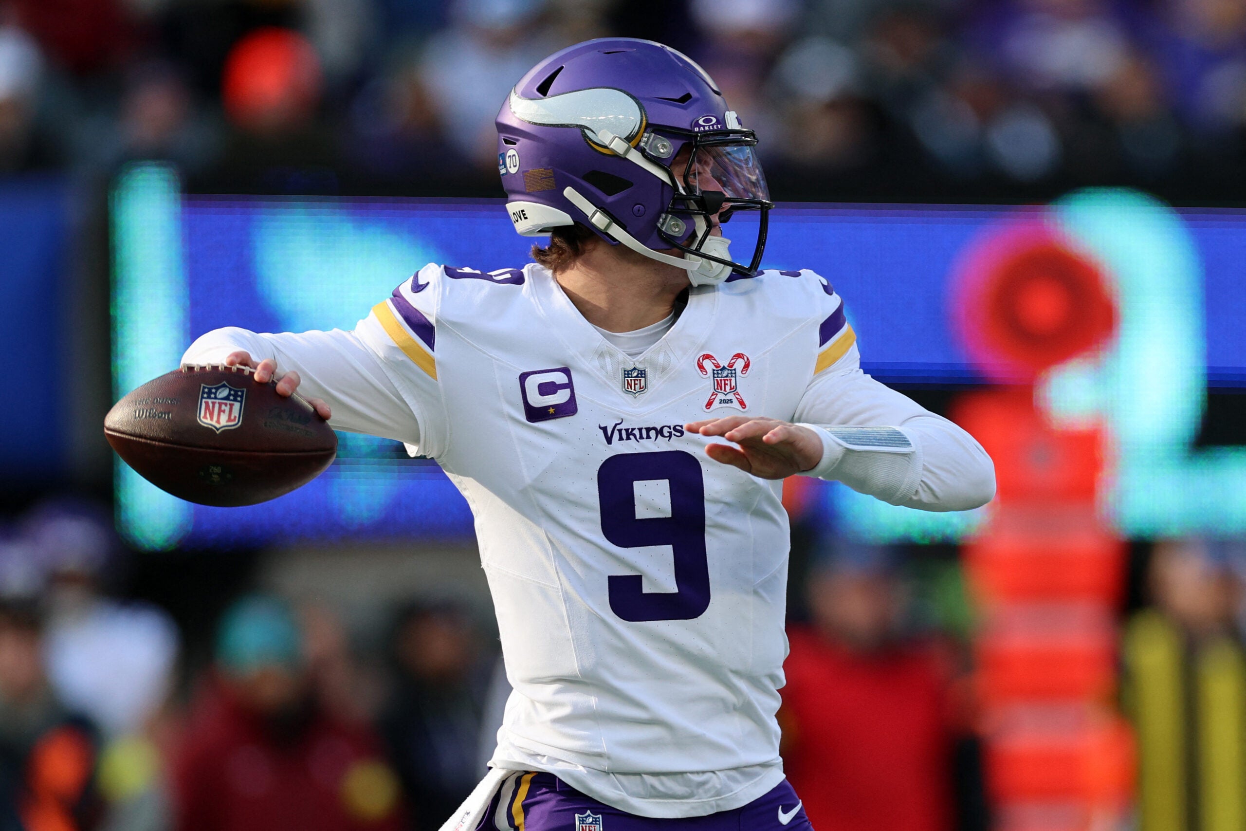 Dec 21, 2025; East Rutherford, New Jersey, USA; Minnesota Vikings quarterback J.J. McCarthy (9) drops back to pass against the New York Giants during the first half at MetLife Stadium.