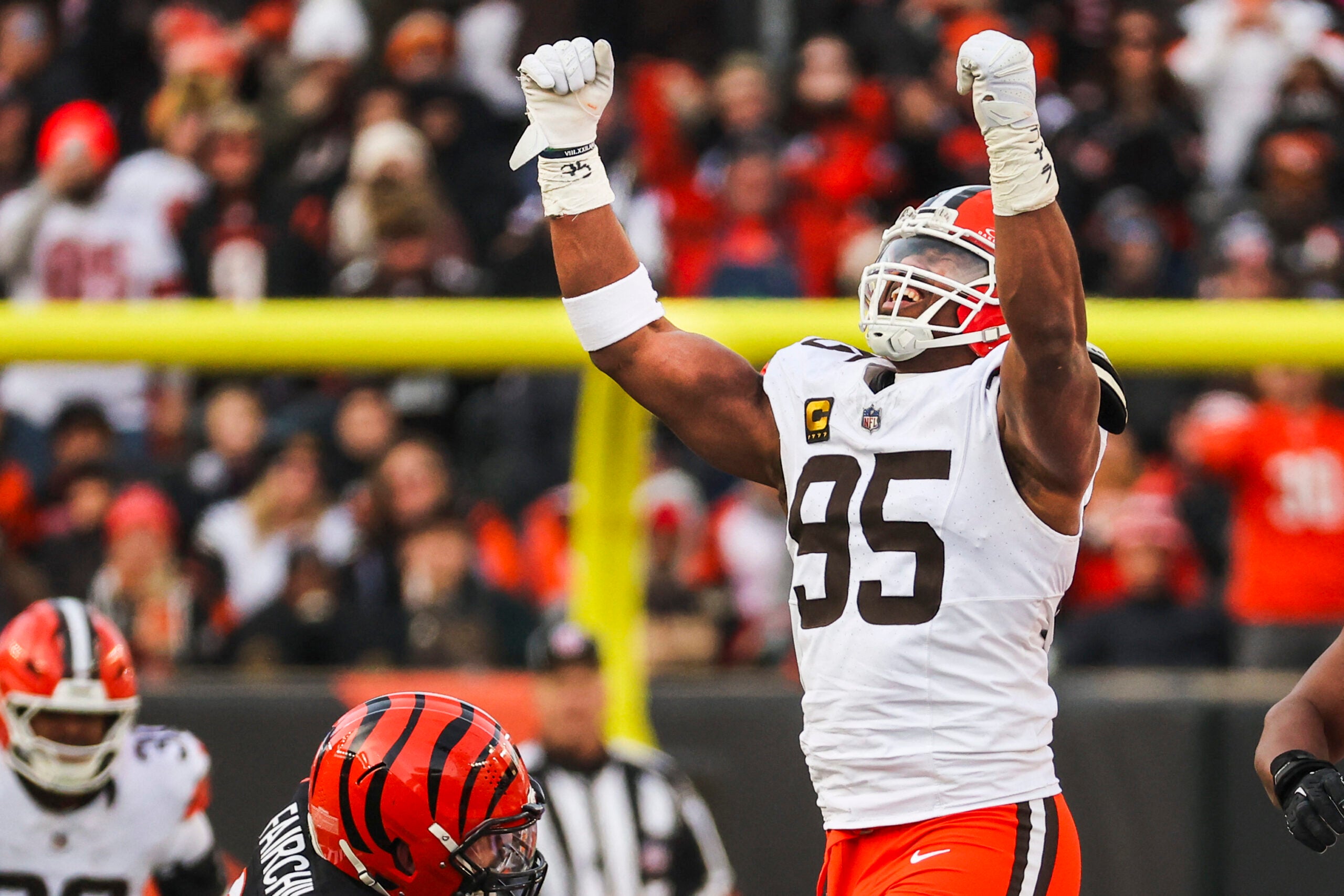 Jan 4, 2026; Cincinnati, Ohio, USA; Cleveland Browns defensive end Myles Garrett (95) celebrates following a sack against the Cincinnati Bengals during the fourth quarter at Paycor Stadium. The play set a new NFL single season sack record by Garrett.