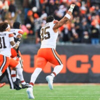 Jan 4, 2026; Cincinnati, Ohio, USA; Cleveland Browns defensive end Myles Garrett (95) celebrates with teammates following a victory against the Cincinnati Bengals at Paycor Stadium.