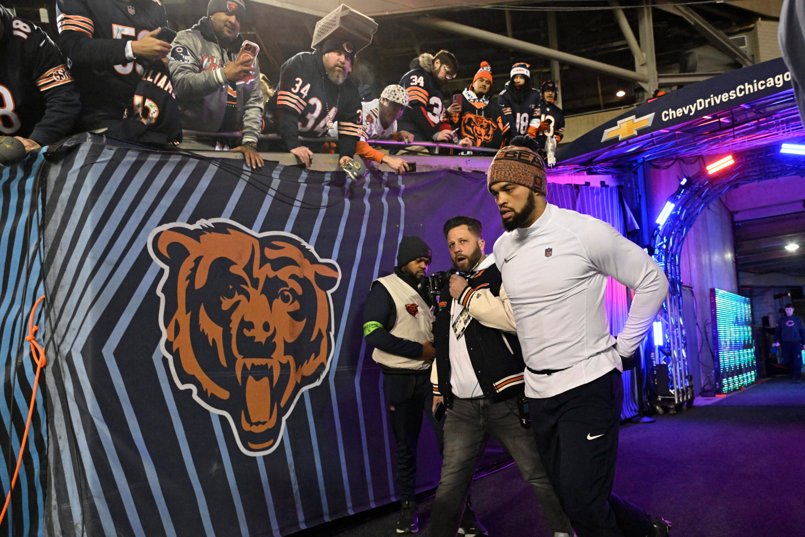 Jan 10, 2026; Chicago, IL, USA; Chicago Bears quarterback Caleb Williams (18) takes the field prior to an NFC Wild Card Round game against the Green Bay Packers at Soldier Field.
