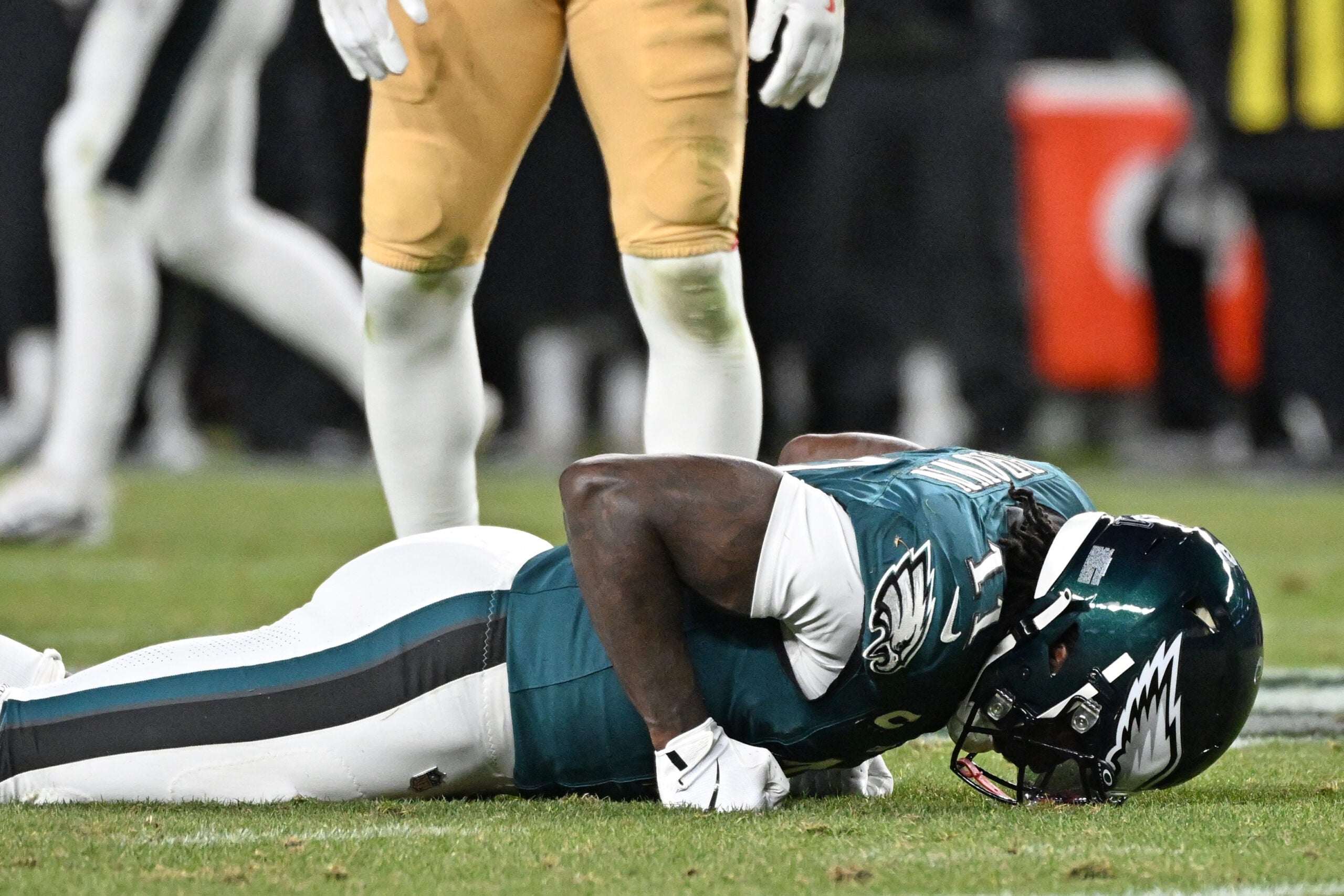 Jan 11, 2026; Philadelphia, PA, USA; Philadelphia Eagles wide receiver A.J. Brown (11) reacts after failing to make a catch against the San Francisco 49ers during the fourth quarter in an NFC Wild Card Round game at Lincoln Financial Field.
