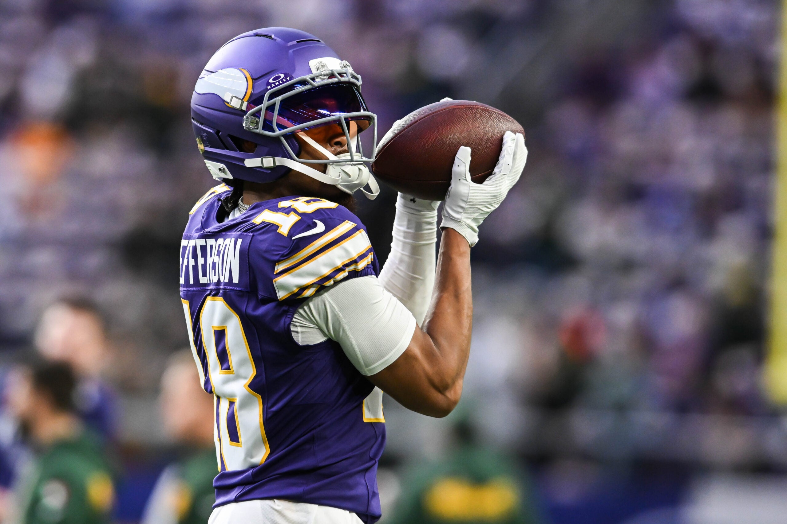 Jan 4, 2026; Minneapolis, Minnesota, USA; Minnesota Vikings wide receiver Justin Jefferson (18) warms up prior to the game against the Green Bay Packers at U.S. Bank Stadium.