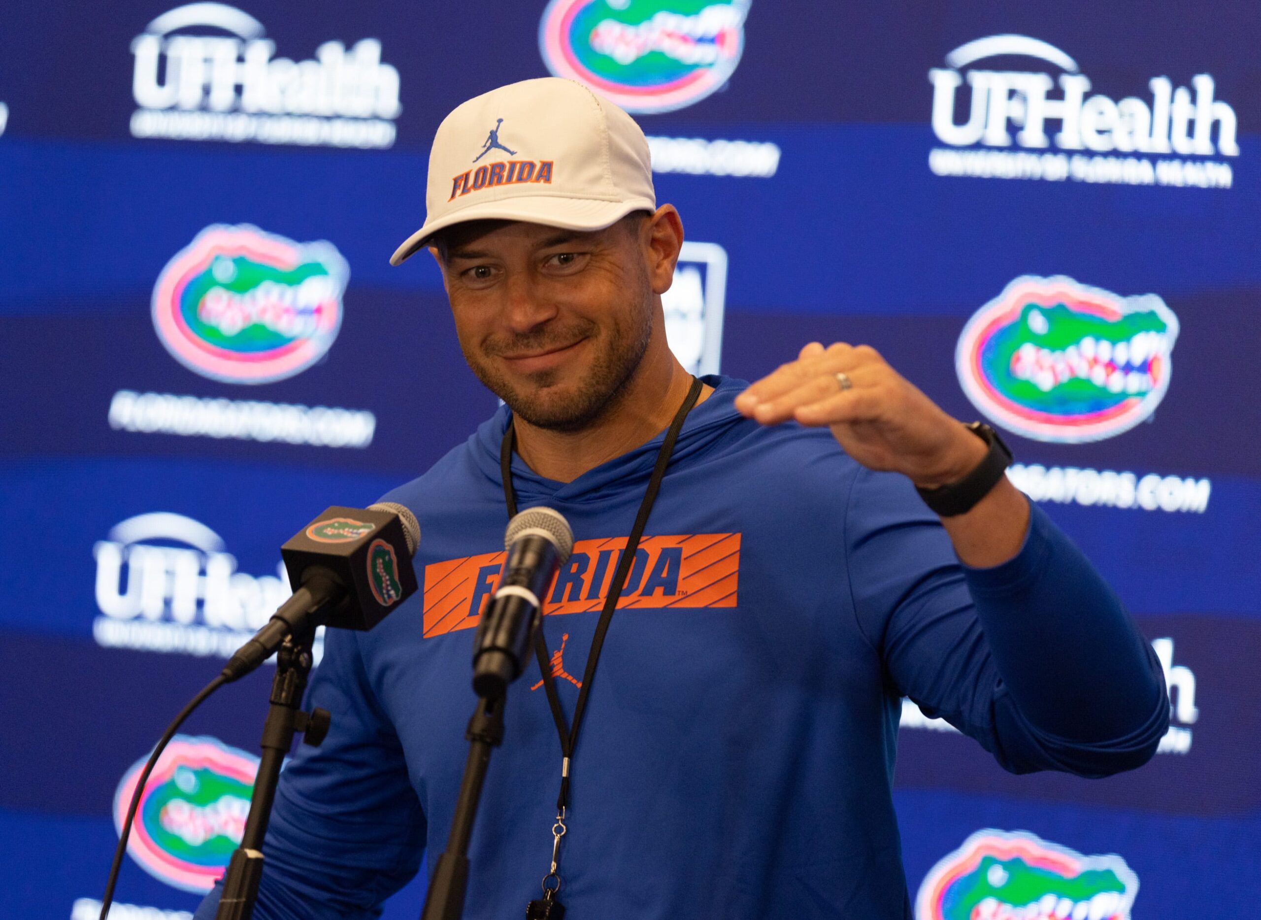 Florida head football coach Jon Sumrall speaks during a press conference after spring practice at Sanders Practice Fields in Gainesville, FL on Tuesday, March 24, 2026.