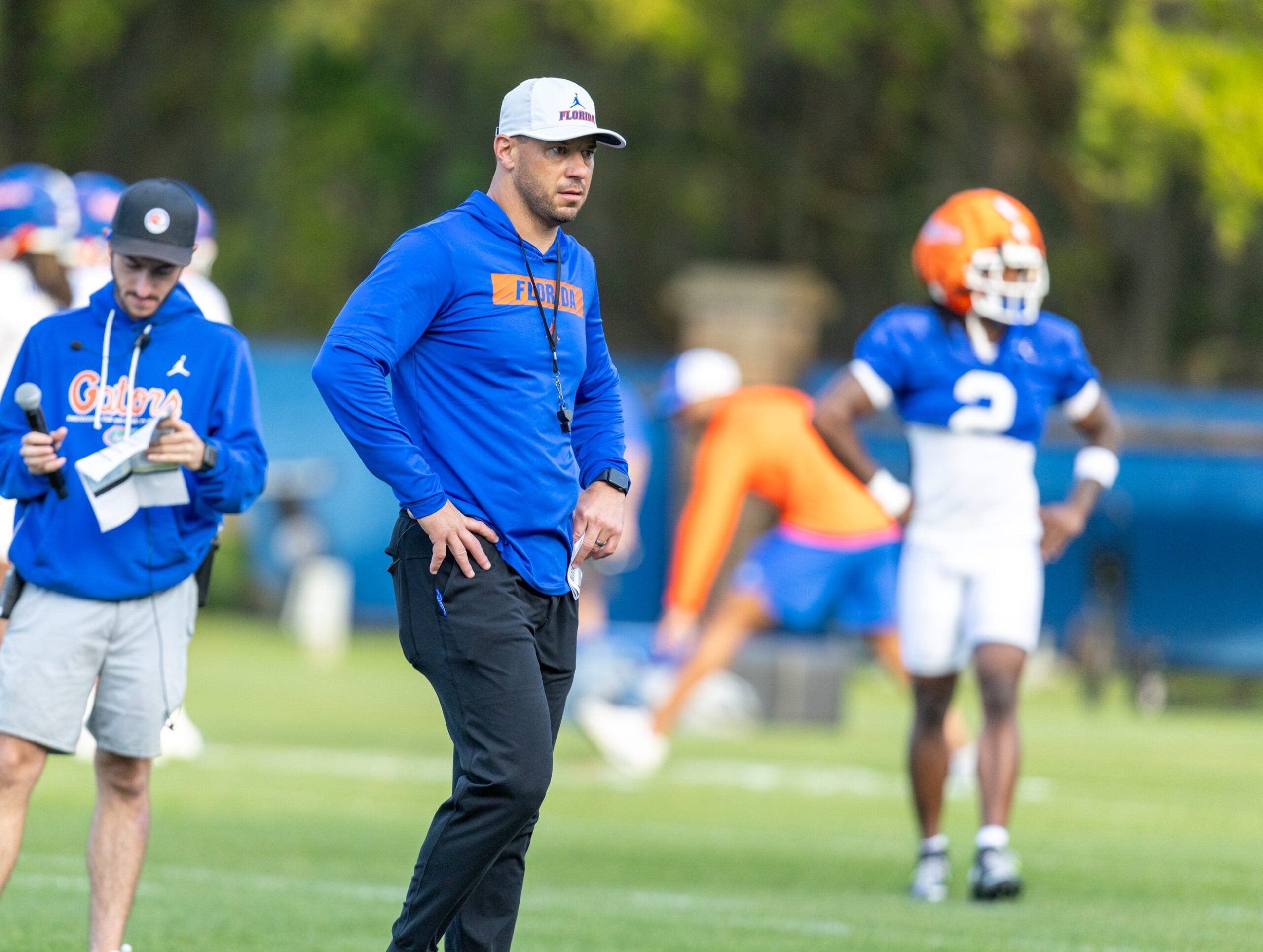 Florida head football coach Jon Sumrall reacts during spring practice at Sanders Practice Fields in Gainesville, FL on Tuesday, March 24, 2026.