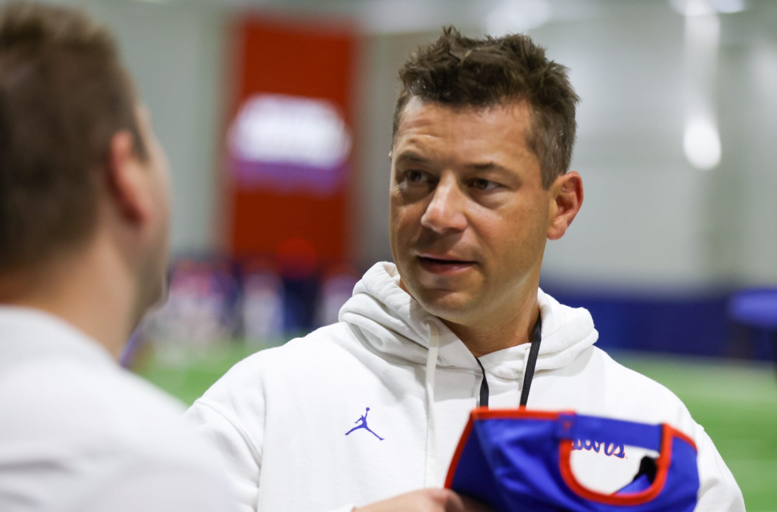 Florida head coach Jon Sumrall talks on the sideline during spring practice at Sanders Practice Fields in Gainesville, FL on Tuesday, April 7, 2026.