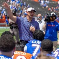 Florida head coach Jon Sumrall speaks to the team after the Orange and Blue game at Steve Spurrier Field at Ben Hill Griffin Stadium in Gainesville, FL on Saturday, April 11, 2026.