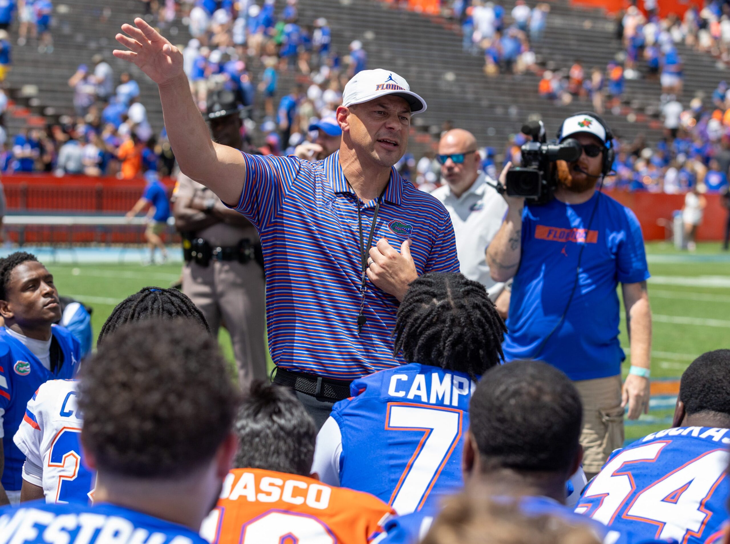 Florida head coach Jon Sumrall speaks to the team after the Orange and Blue game at Steve Spurrier Field at Ben Hill Griffin Stadium in Gainesville, FL on Saturday, April 11, 2026.