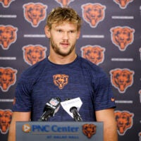May 8, 2026; Lake Forest, IL, USA; Chicago Bears tight end Sam Roush (87) speaks during Rookie Minicamp at Halas Hall.