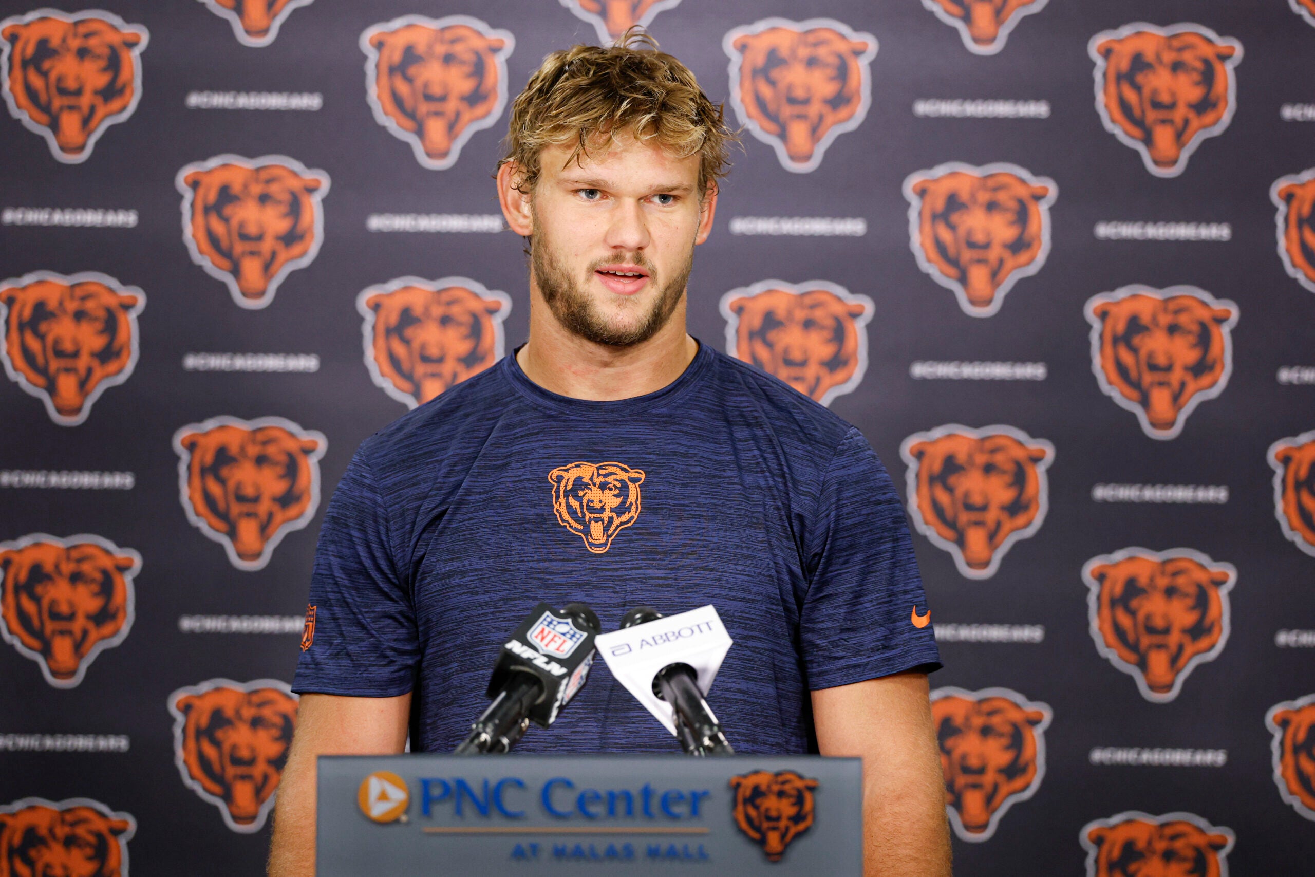 May 8, 2026; Lake Forest, IL, USA; Chicago Bears tight end Sam Roush (87) speaks during Rookie Minicamp at Halas Hall.