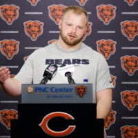 May 8, 2026; Lake Forest, IL, USA; Chicago Bears offensive lineman Logan Jones (54) speaks during Rookie Minicamp at Halas Hall.