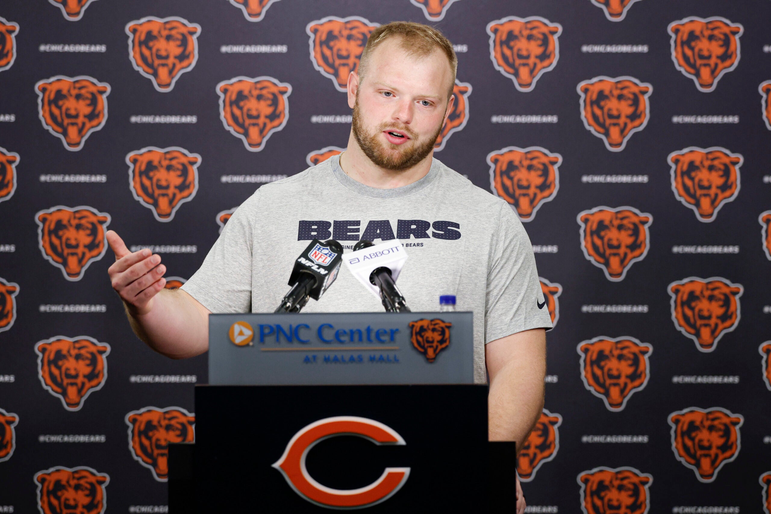 May 8, 2026; Lake Forest, IL, USA; Chicago Bears offensive lineman Logan Jones (54) speaks during Rookie Minicamp at Halas Hall.