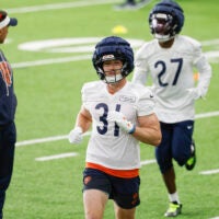 May 8, 2026; Lake Forest, IL, USA; Chicago Bears defensive back Dillon Thieneman (31) runs during Rookie Minicamp at Halas Hall.