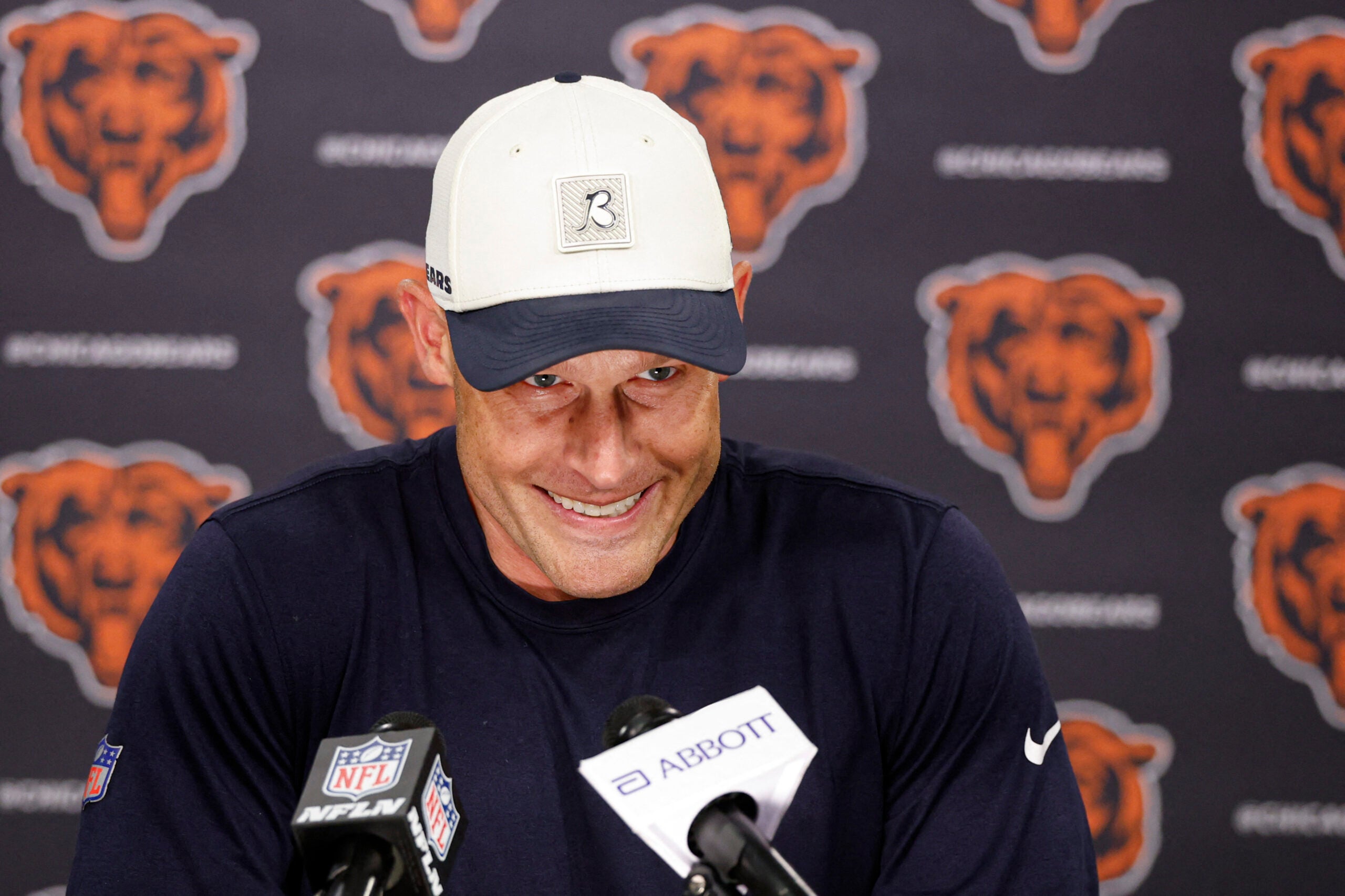 Jun 9, 2026; Lake Forest, IL, USA; Chicago Bears head coach Ben Johnson speaks during Minicamp at Halas Hall.