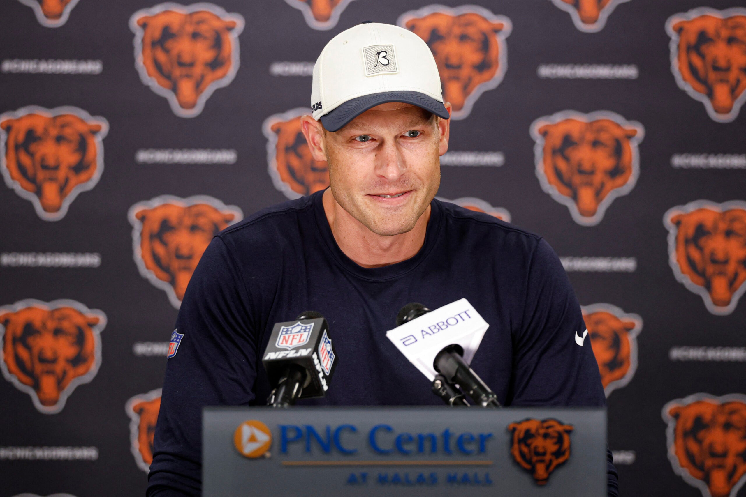 Jun 9, 2026; Lake Forest, IL, USA; Chicago Bears head coach Ben Johnson speaks during Minicamp at Halas Hall.