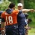 Jun 9, 2026; Lake Forest, IL, USA; Chicago Bears quarterback Caleb Williams (18) talks with head coach Ben Johnson during Minicamp at Halas Hall.