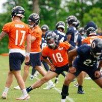 Jun 9, 2026; Lake Forest, IL, USA; Chicago Bears quarterback Caleb Williams (18) warms up during Chicago Bears Minicamp at Halas Hall.