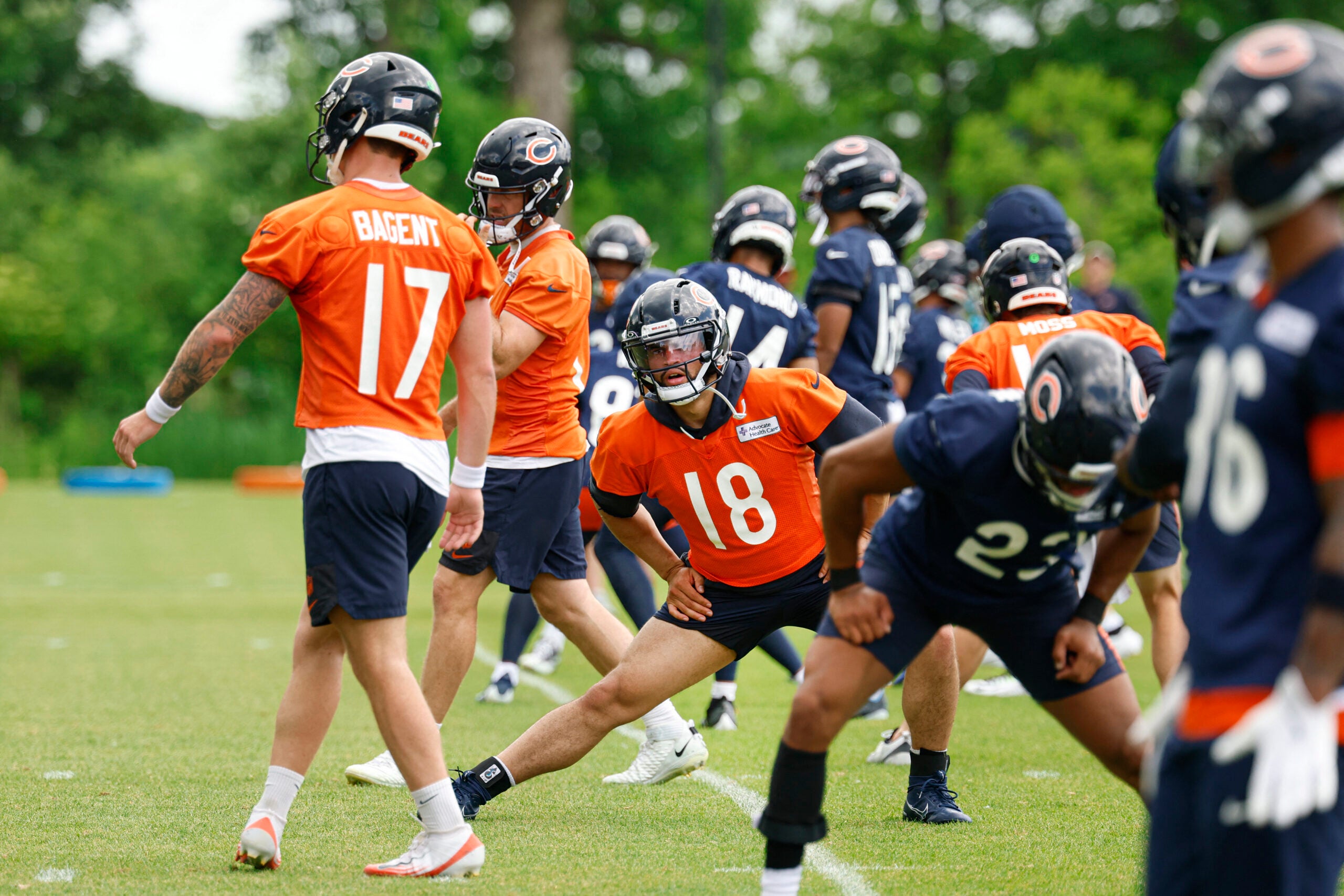 Jun 9, 2026; Lake Forest, IL, USA; Chicago Bears quarterback Caleb Williams (18) warms up during Chicago Bears Minicamp at Halas Hall.