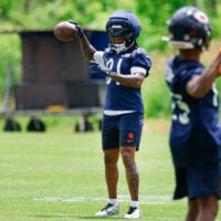 Jun 9, 2026; Lake Forest, IL, USA; Chicago Bears wide receiver Zavion Thomas (81) passes the ball during Chicago Bears Minicamp at Halas Hall.