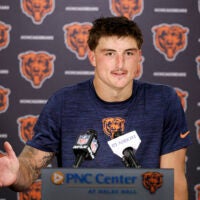 Jun 9, 2026; Lake Forest, IL, USA; Chicago Bears tight end Colston Loveland speaks during Minicamp at Halas Hall.