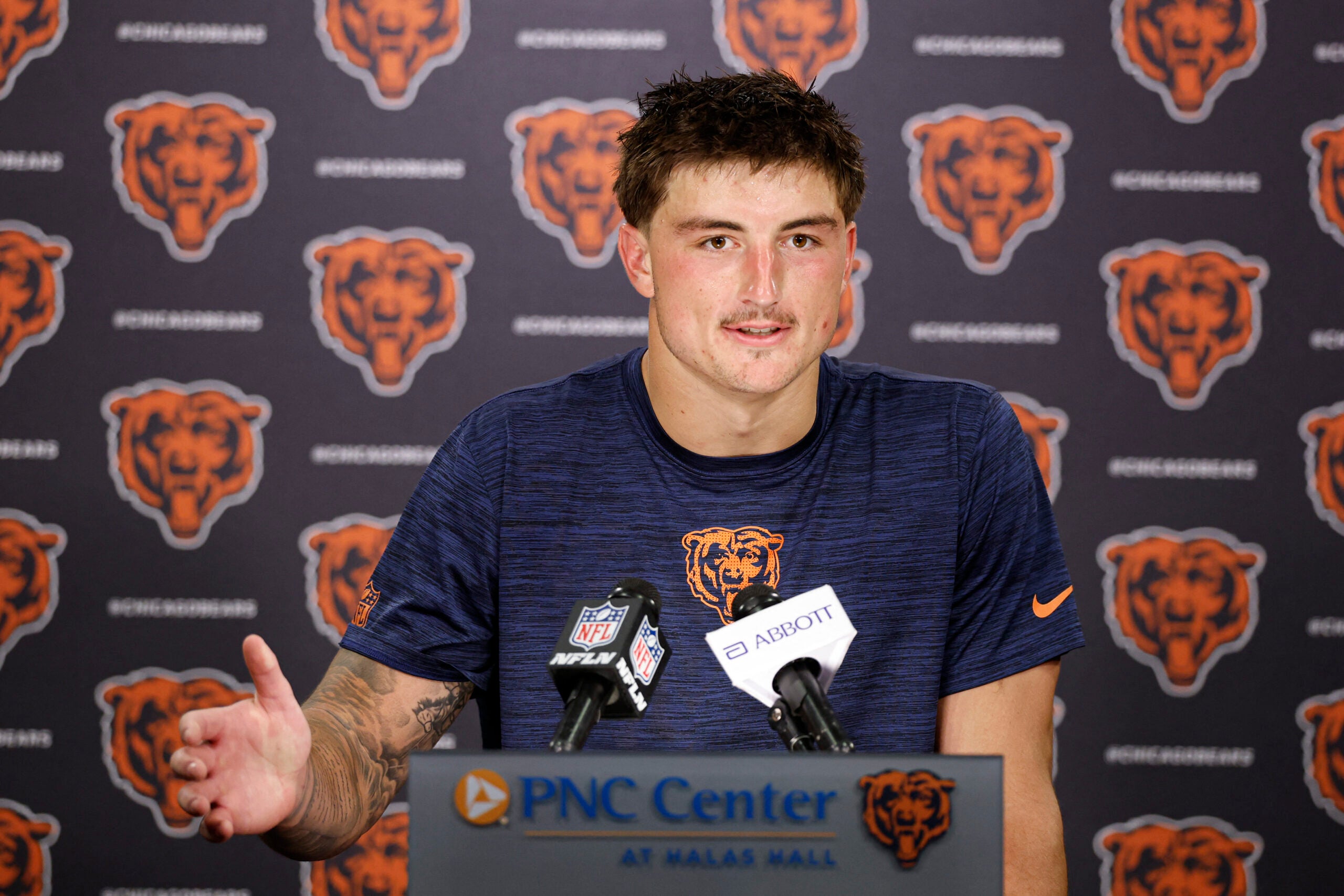Jun 9, 2026; Lake Forest, IL, USA; Chicago Bears tight end Colston Loveland speaks during Minicamp at Halas Hall.