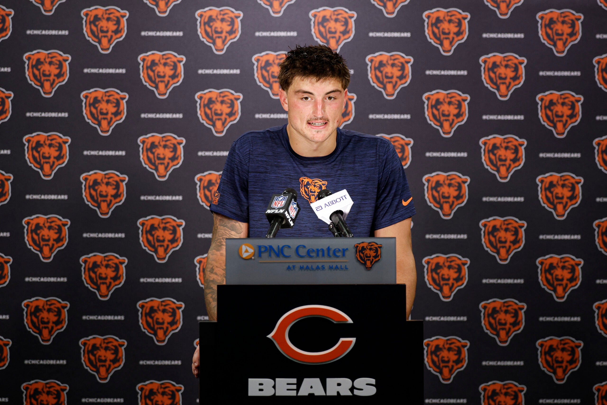 Jun 9, 2026; Lake Forest, IL, USA; Chicago Bears tight end Colston Loveland speaks during Minicamp at Halas Hall.