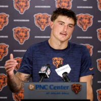 Jun 9, 2026; Lake Forest, IL, USA; Chicago Bears tight end Colston Loveland speaks during Minicamp at Halas Hall.