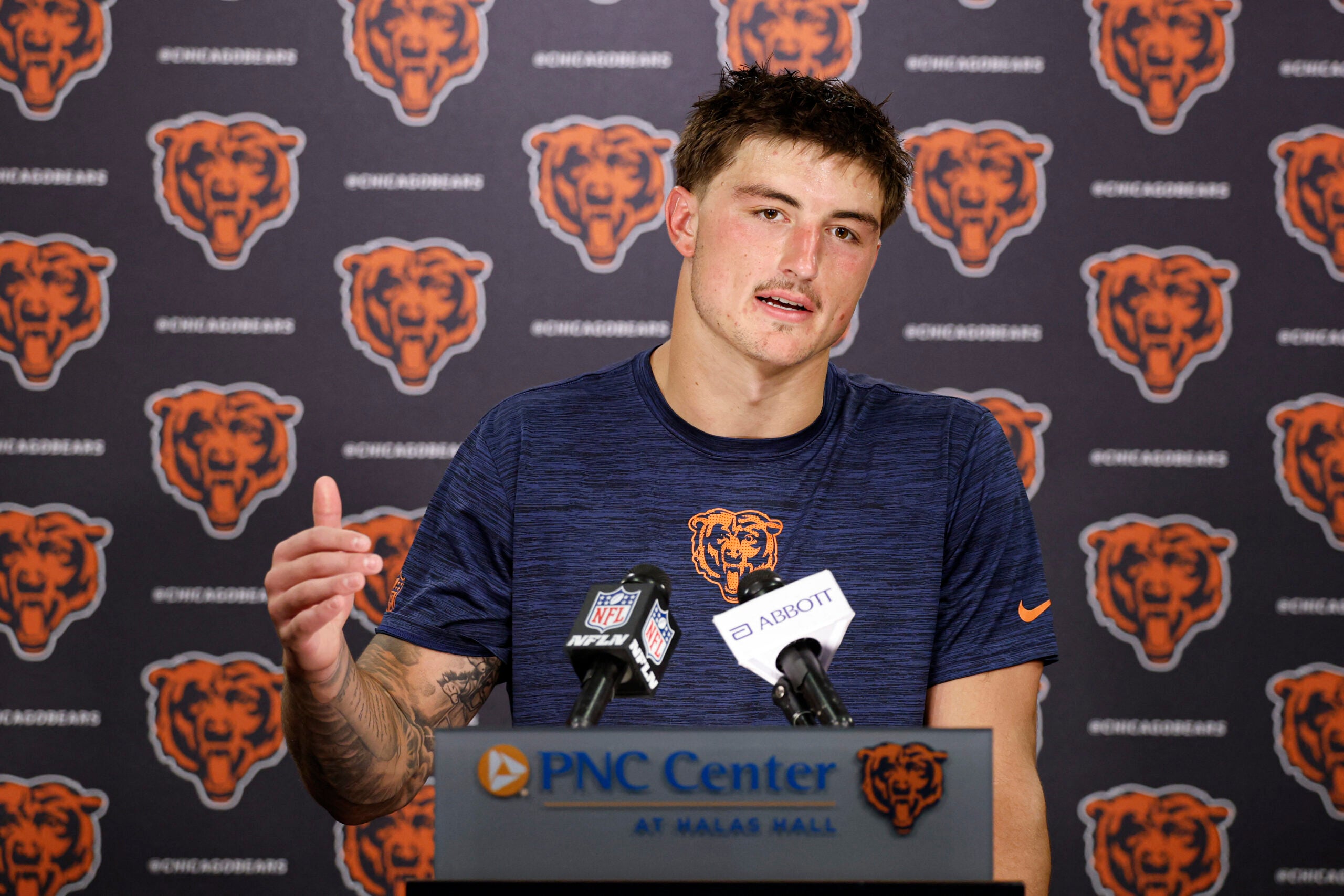 Jun 9, 2026; Lake Forest, IL, USA; Chicago Bears tight end Colston Loveland speaks during Minicamp at Halas Hall.