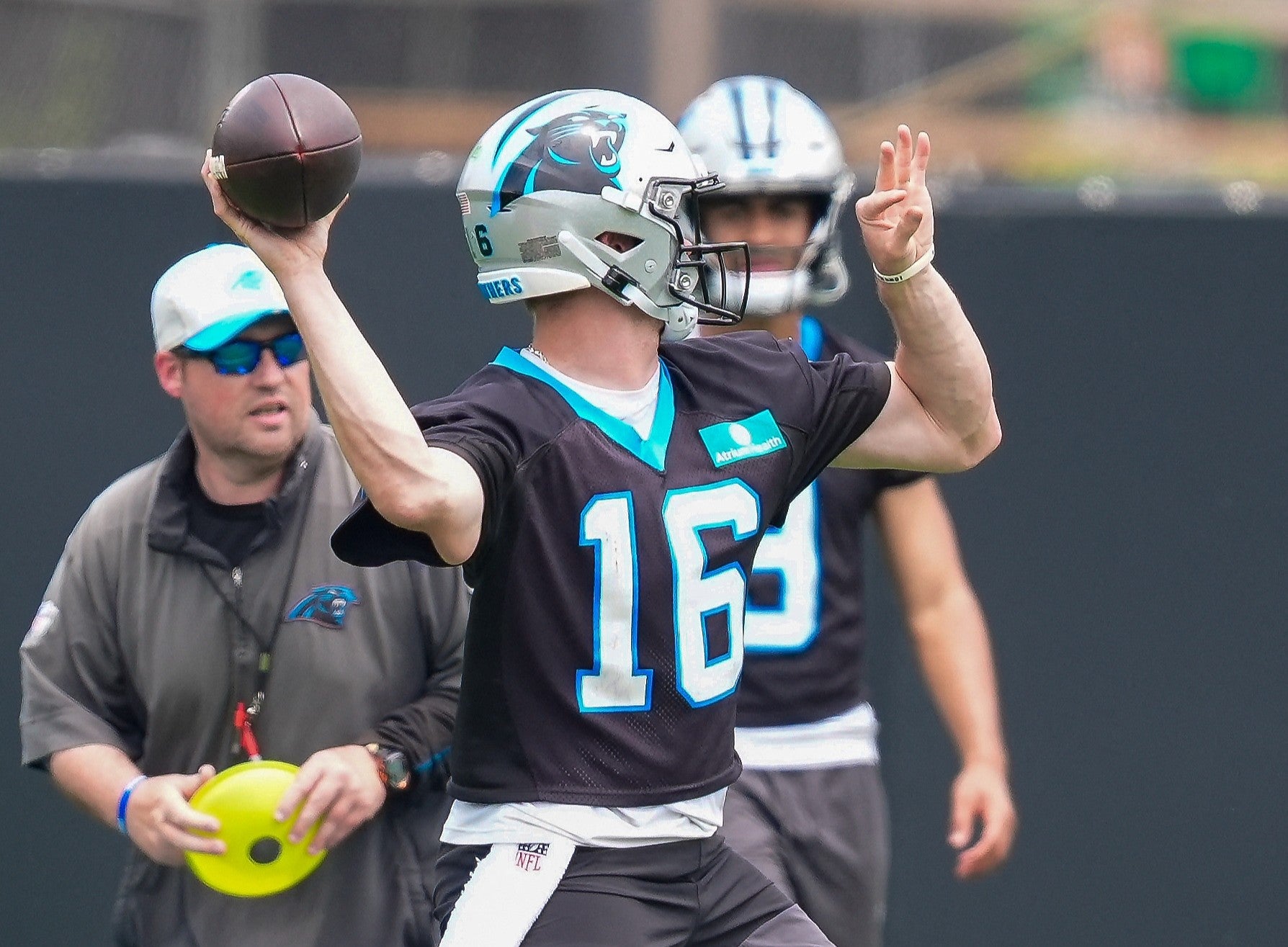 Jun 9, 2026; Charlotte, NC, USA; Carolina Panthers quarterback Haynes King (16) throws during the first day of mini camp at Bank of America Stadium practice facility.
