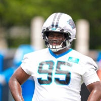 Jun 9, 2026; Charlotte, NC, USA; Carolina Panthers defensive end Derrick Brown (95) during the first day of mini camp at Bank of America Stadium practice facility.