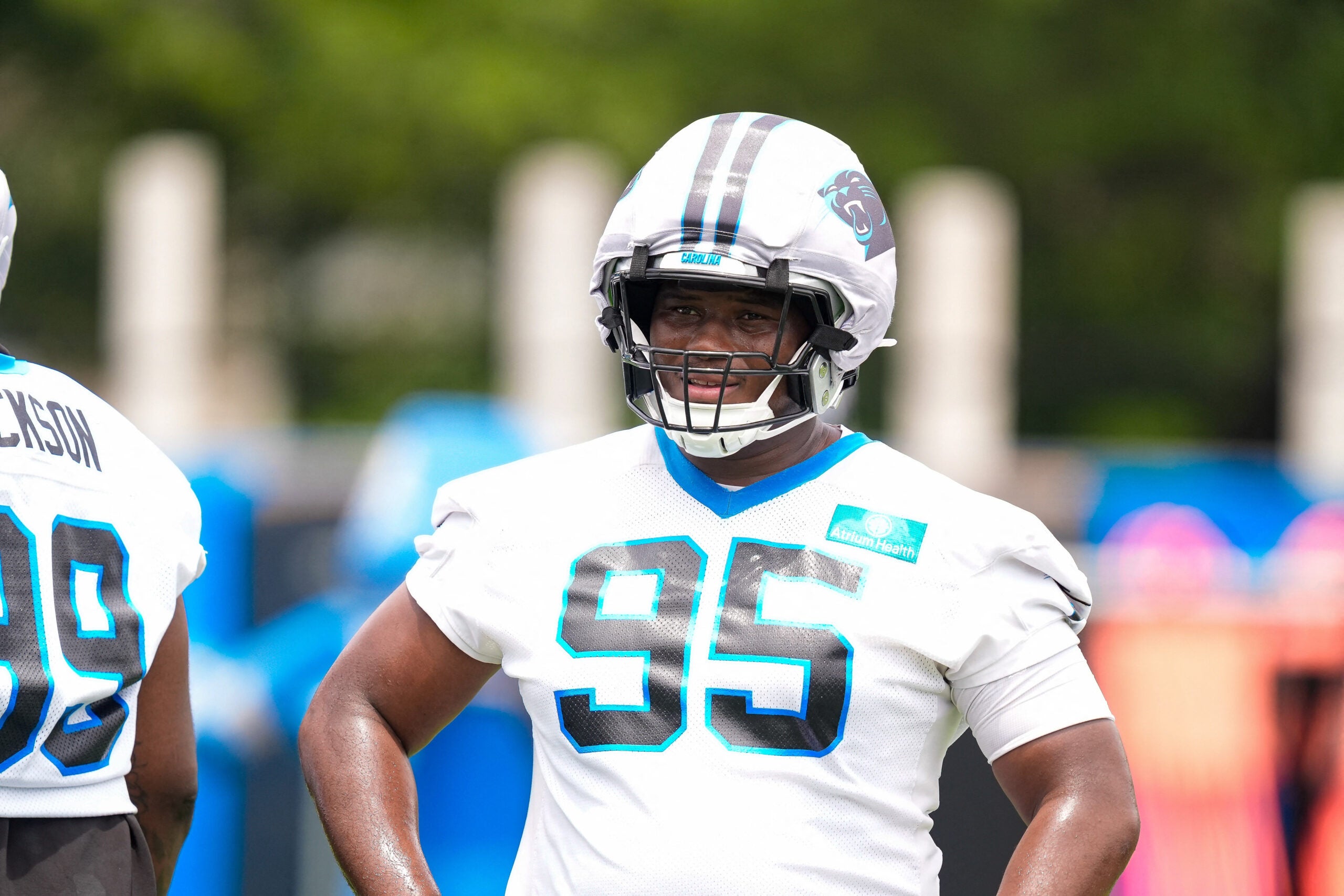 Jun 9, 2026; Charlotte, NC, USA; Carolina Panthers defensive end Derrick Brown (95) during the first day of mini camp at Bank of America Stadium practice facility.