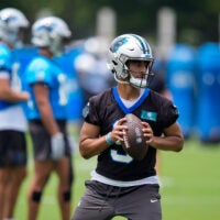 Jun 9, 2026; Charlotte, NC, USA; Carolina Panthers quarterback Bryce Young (9) looks for his receiver during the first day of mini camp at Bank of America Stadium practice facility.
