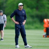 Jun 11, 2026; Lake Forest, IL, USA; Chicago Bears head coach Ben Johnson looks on during Minicamp at Halas Hall.