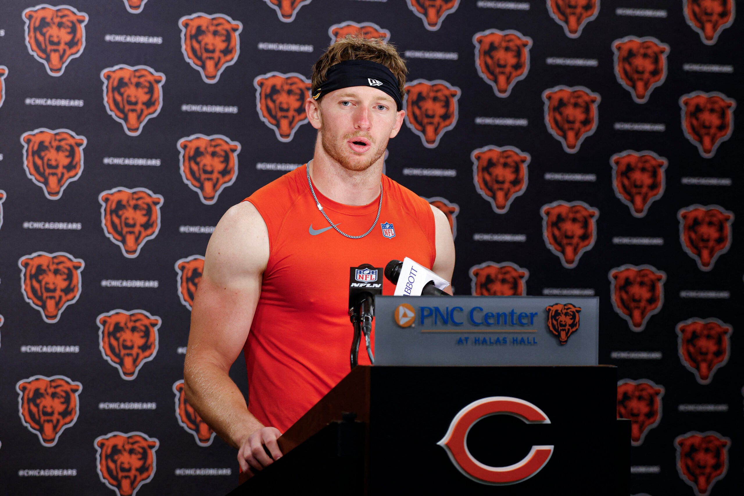 Jun 11, 2026; Lake Forest, IL, USA; Chicago Bears defensive back Dillon Thieneman (31) speaks during Minicamp at Halas Hall.