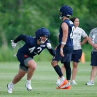 Jun 11, 2026; Lake Forest, IL, USA; Chicago Bears tight end Hayden Large (43) runs on the field during Minicamp at Halas Hall.