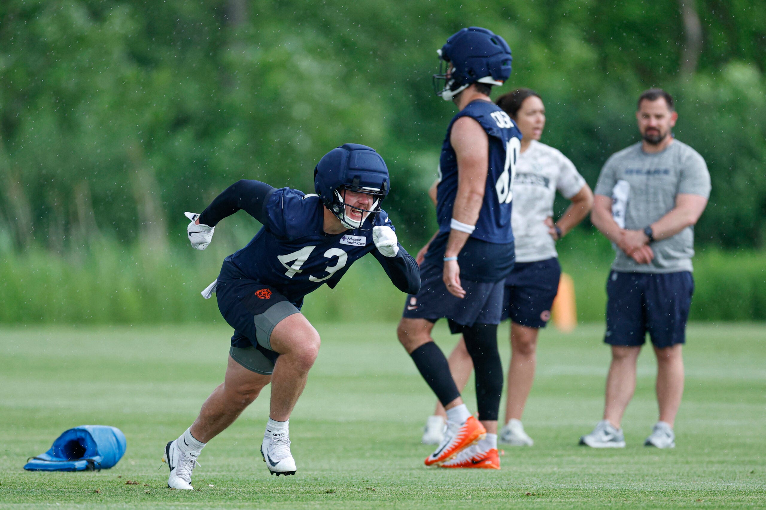 Jun 11, 2026; Lake Forest, IL, USA; Chicago Bears tight end Hayden Large (43) runs on the field during Minicamp at Halas Hall.