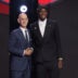Jun 23, 2026; New York, NY, USA; NBA commissioner Adam Silver greets the fourth pick in the 2026 NBA draft, North Carolina forward Caleb Wilson after he was selected by the Chicago Bulls at Barclays Center.