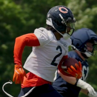 Chicago Bears safety Coby Bryant returns an interception during mandatory minicamp.