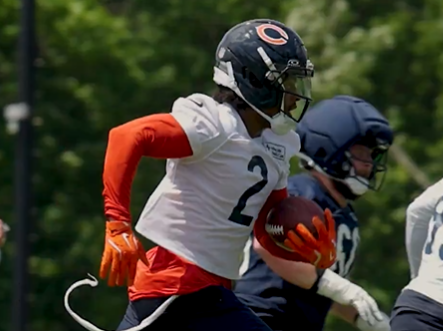 Chicago Bears safety Coby Bryant returns an interception during mandatory minicamp.