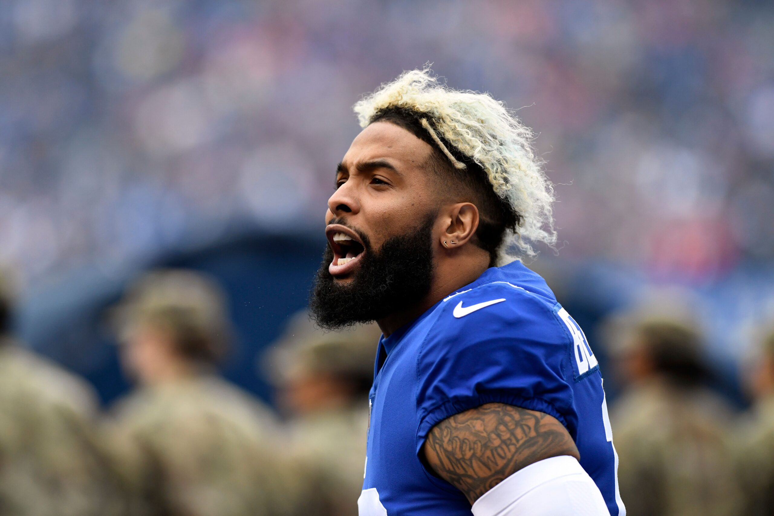 New York Giants wide receiver Odell Beckham Jr. (13) yells to the fans after the National Anthem. The New York Giants face the Tampa Bay Buccaneers in NFL Week 11 on Sunday, Nov. 18, 2018 in East Rutherford.