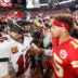 Oct 2, 2022; Tampa, Florida, USA; Tampa Bay Buccaneers quarterback Tom Brady (12) greets Kansas City Chiefs quarterback Patrick Mahomes (15) after a game at Raymond James Stadium.