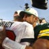 Sep 25, 2022; Tampa, Florida, USA; Tampa Bay Buccaneers quarterback Tom Brady (12) and Green Bay Packers quarterback Aaron Rodgers (12) greet after the game at Raymond James Stadium.