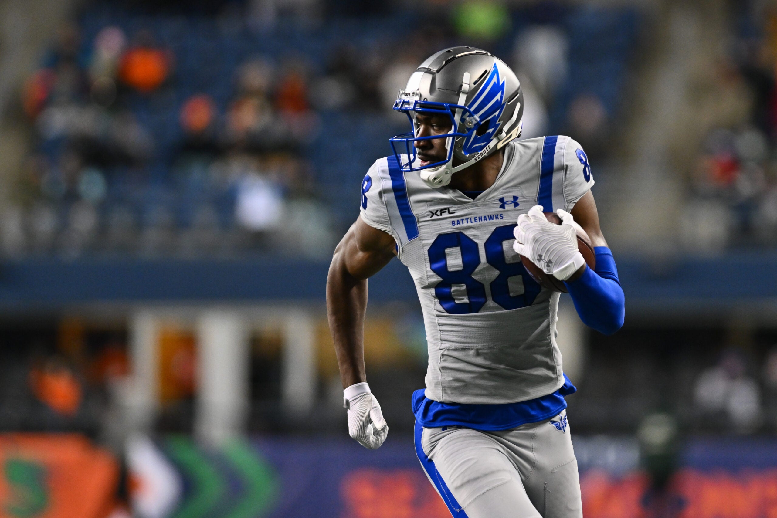 Feb 23, 2023; Seattle, WA, USA; St. Louis Battlehawks wide receiver Hakeem Butler (88) runs towards the endzone to score a touchdown against the Seattle Sea Dragons during the second half at Lumen Field. St. Louis defeated Seattle 20-18.