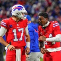 Oct 15, 2023; Orchard Park, New York, USA; Buffalo Bills quarterback Josh Allen (17) and Buffalo Bills wide receiver Stefon Diggs (14) speak prior to the game against the New York Giants at Highmark Stadium.