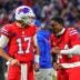 Oct 15, 2023; Orchard Park, New York, USA; Buffalo Bills quarterback Josh Allen (17) and Buffalo Bills wide receiver Stefon Diggs (14) speak prior to the game against the New York Giants at Highmark Stadium.