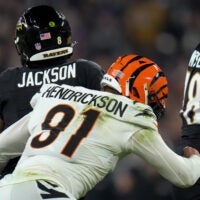 Nov 16, 2023; Baltimore, Maryland, USA; Cincinnati Bengals defensive end Trey Hendrickson (91) sacks Baltimore Ravens quarterback Lamar Jackson (8) in the first quarter at M&T Bank Stadium.