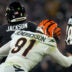Nov 16, 2023; Baltimore, Maryland, USA; Cincinnati Bengals defensive end Trey Hendrickson (91) sacks Baltimore Ravens quarterback Lamar Jackson (8) in the first quarter at M&T Bank Stadium.