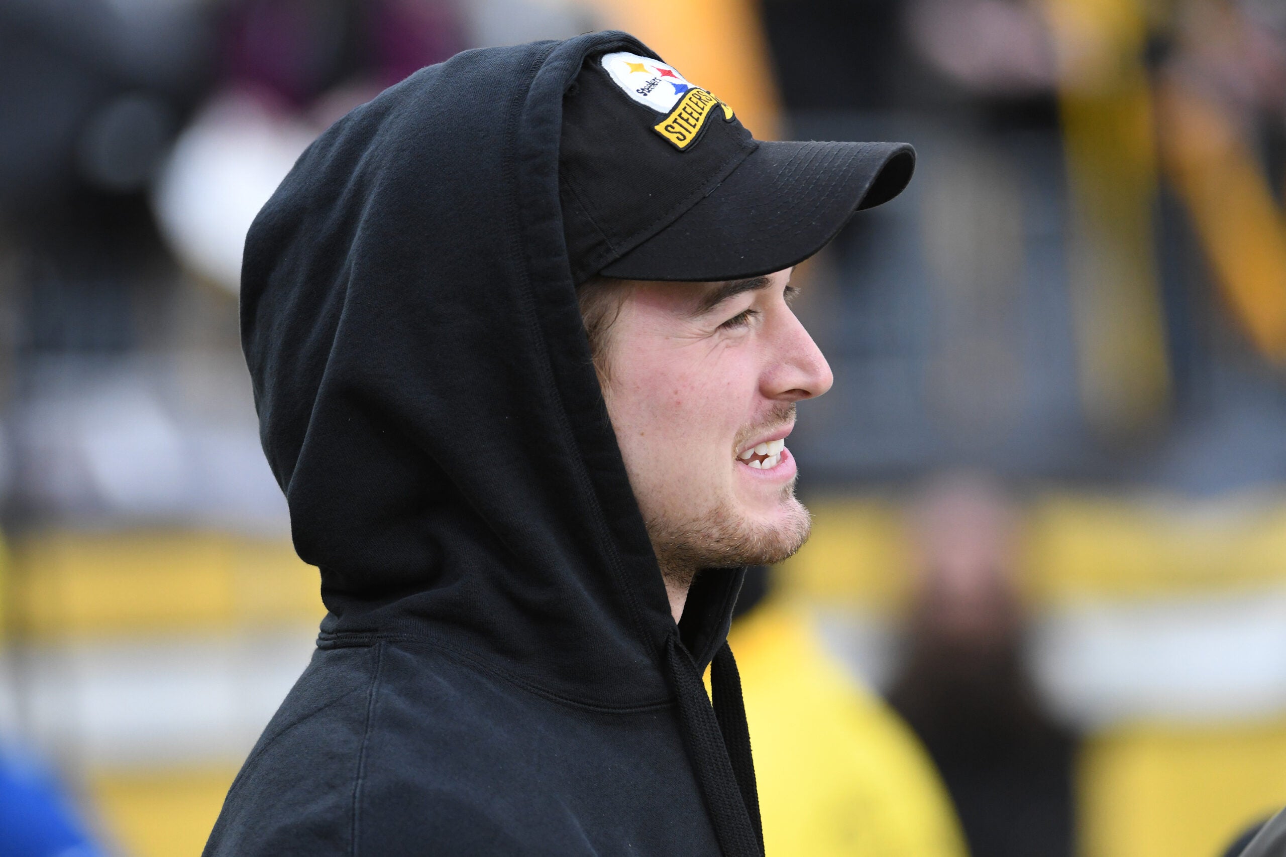 Dec 23, 2023; Pittsburgh, Pennsylvania, USA; Pittsburgh Steelers quarterback Kenny Pickett (8) watches from the sidelines before a game against the Cincinnati Bengals at Acrisure Stadium.