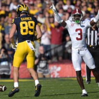 Jan 1, 2024; Pasadena, CA, USA; Alabama Crimson Tide defensive back Terrion Arnold (3) celebrates after an incomplete pass during the first half against the Michigan Wolverines in the 2024 Rose Bowl college football playoff semifinal game at Rose Bowl.