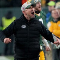 Jan 7, 2024; Green Bay, Wisconsin, USA; Green Bay Packers head coach Matt LaFleur celebrates as the clock winds down during the fourth quarter against the Chicago Bears at Lambeau Field.