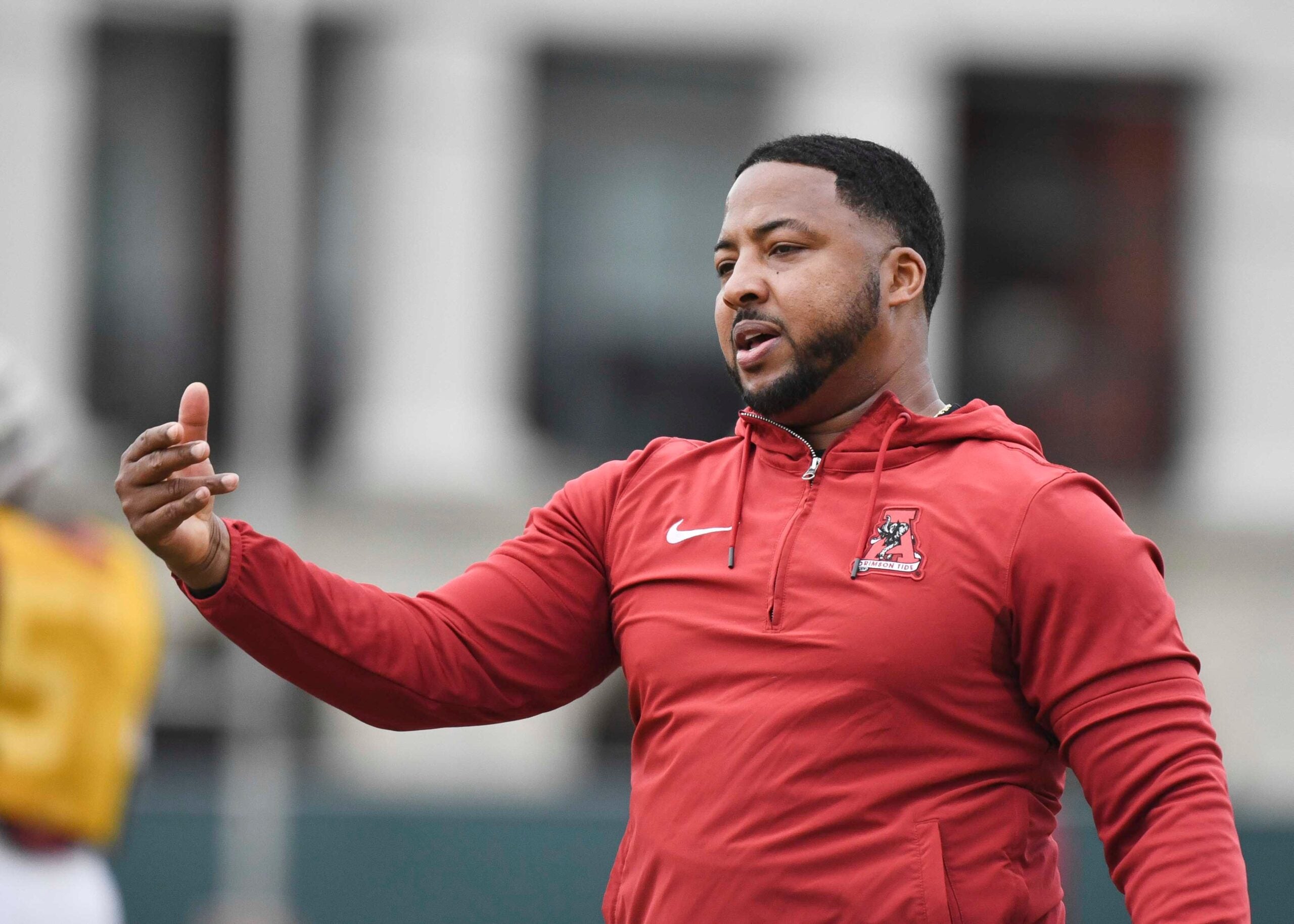 Mar 21, 2024; Tuscaloosa, Alabama, USA; Alabama co-defensive coordinator Maurice Linguist directs players during practice at the University Alabama Thursday.